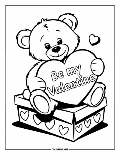 Sei-mein-Valentinsgruß-Ausmalbild für Kinder: Ein Teddybär sitzt auf einer Schachtel und hält ein herzförmiges Valentinsgruß-Kärtchen