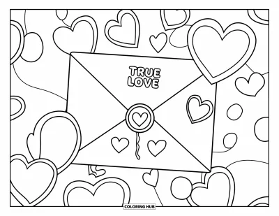 Sei-mein-Valentinsgruß-Ausmalbild für Kinder: Ein Umschlag mit der Aufschrift "true love" ist von spielerisch schwebenden Herzen umgeben