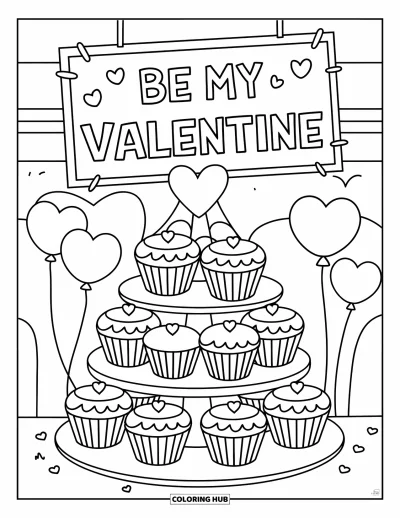 Sei-mein-Valentinsgruß-Ausmalbild für Kinder: Gestapelte Cupcakes in einem Turm leuchten unter einem Schild “Be My Valentine”