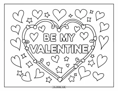 Sei-mein-Valentinsgruß-Ausmalbild für Kinder: Geschwungene Herzen und Sterne bilden einen Rahmen um den Schriftzug “Sei mein Valentinsgruß”