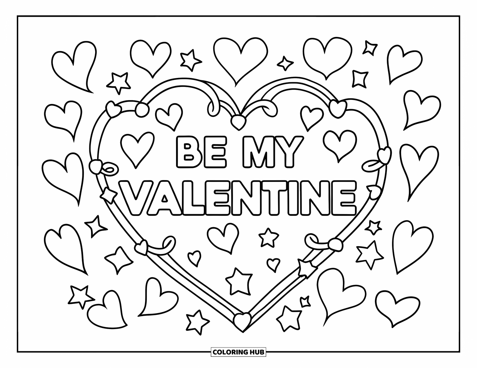 Be My Valentine Coloring Page for Kids: Curved hearts and stars create a border around "Be My Valentine"