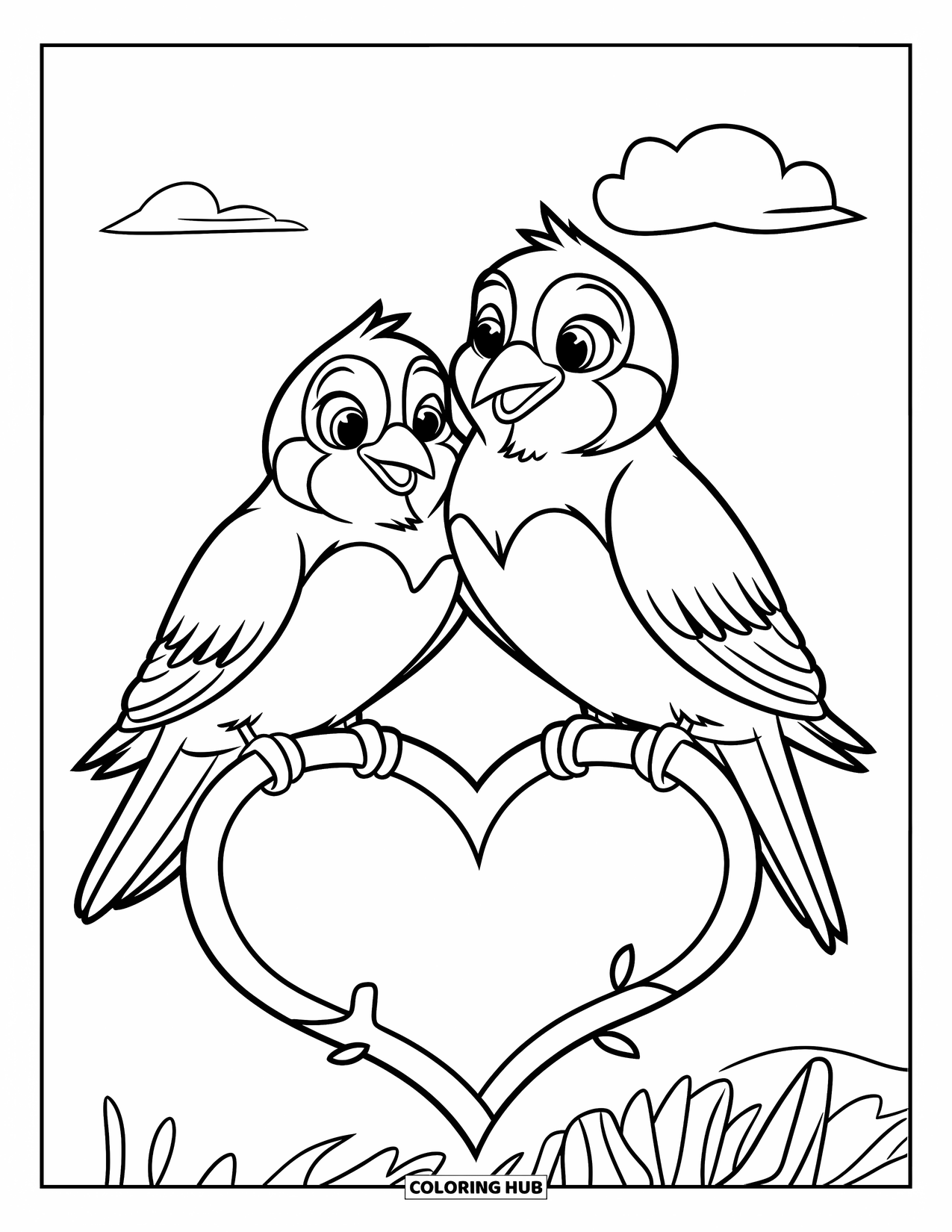 Be My Valentine Coloring Page for Kids: Lovebirds rest on a heart-shaped branch beneath a bright sky