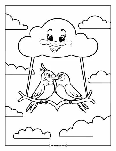 Sei-mein-Valentinsgruß-Ausmalbild für Kinder: Turteltauben sitzen auf einem wolkenförmigen Herzast unter einem sonnigen Himmel