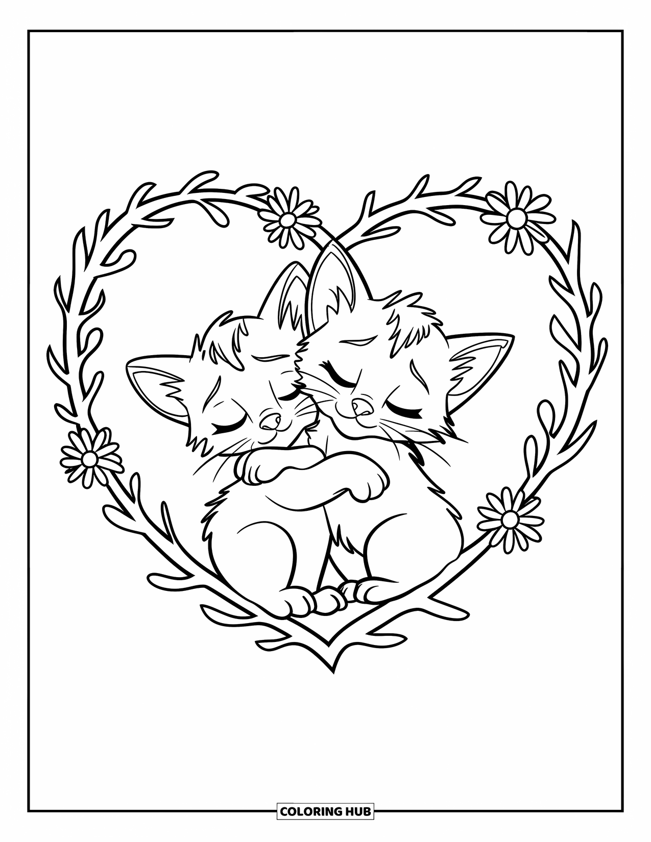 Be My Valentine Coloring Page for Kids: Snuggling kittens rest inside a heart of branches and flowers