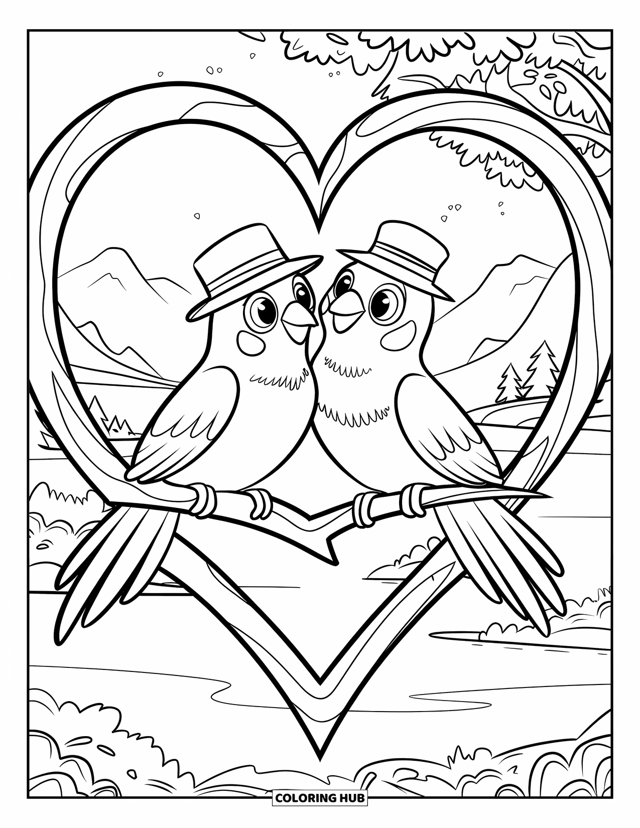 Be My Valentine Coloring Page for Kids: Two birds on a heart branch cuddle above a peaceful landscape