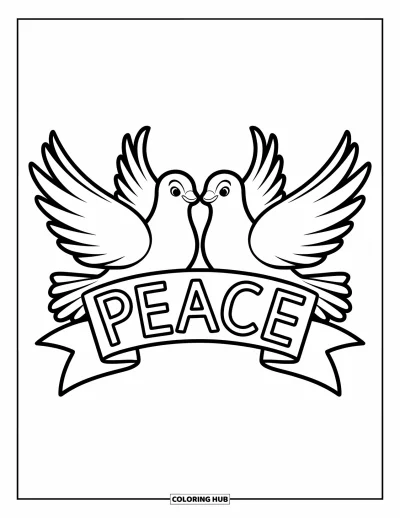 Sei-mein-Valentinsgruß-Ausmalbild für Kinder: Zwei Tauben halten ein Band mit der Aufschrift "Peace"