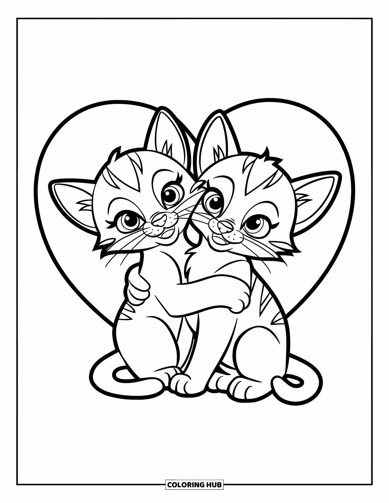 Be My Valentine Coloring Page for Kids: Two kittens hug inside a big heart-shaped frame