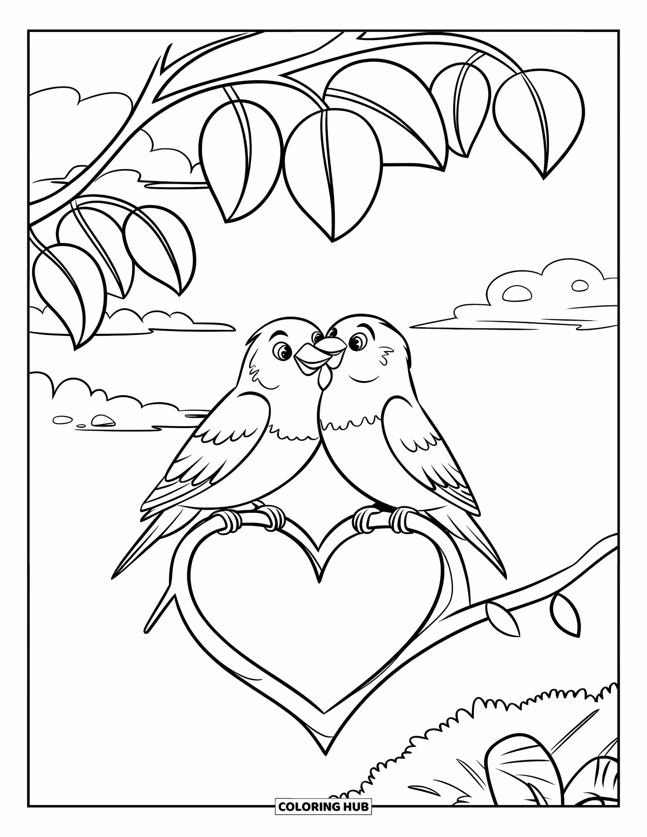 Be My Valentine Coloring Page for Kids: Two lovebirds sit together on a heart-shaped branch