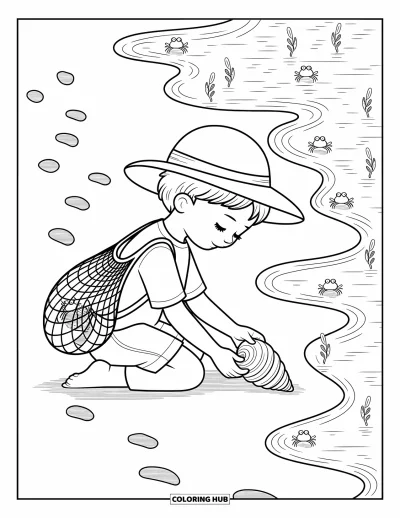 Coloriage de plages estivale pour adultes : Un garçon ramassant des coquillages sur la plages tandis que le vent soulève son chapeau