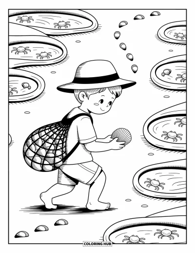 Coloriage de plages estivale pour adultes : Un garçon ramassant des coquillages près de mares de marée remplies d'algues et de crabes