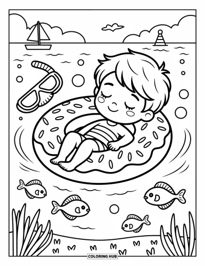Coloriage de plages estivale pour adultes : Un garçon flottant sur une bouée en forme de beignet, tenant un tuba, avec des poissons en dessous