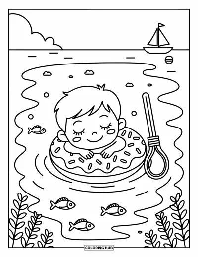 Coloriage de plages estivale pour adultes : Un garçon flottant paisiblement sur une bouée en forme de beignet sous la douce lumière estivale