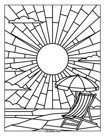 Coloriage de plages estivale pour adultes : Un soleil radieux et un parasol rayé dans une charmante scène de plages