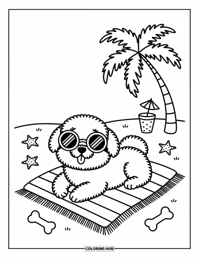 Coloriage de plages estivale pour adultes : Un adorable chien allongé sur une serviette rayée sous un palmier