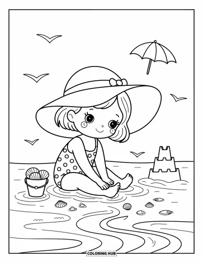 Coloriage de plages estivale pour adultes : Une fillette avec un chapeau de soleil jouant au bord du rivage parmi les coquillages et les vagues