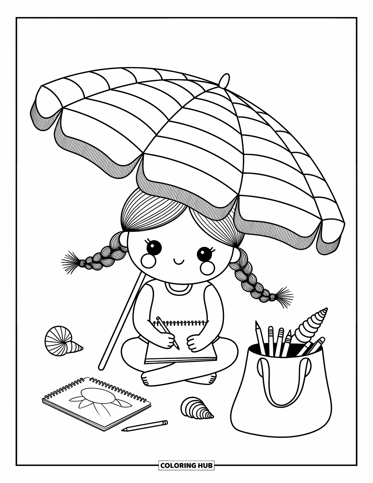 Beach Summer Coloring Page for Adults: A cute girl sketching by the sea under a big umbrella with her supplies