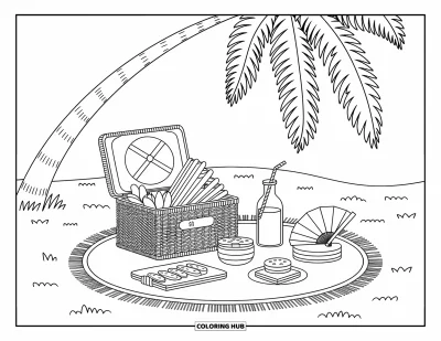 Coloriage de plages estivale pour adultes : Une jolie scène de pique-nique sous un palmier avec un panier et des sandwichs