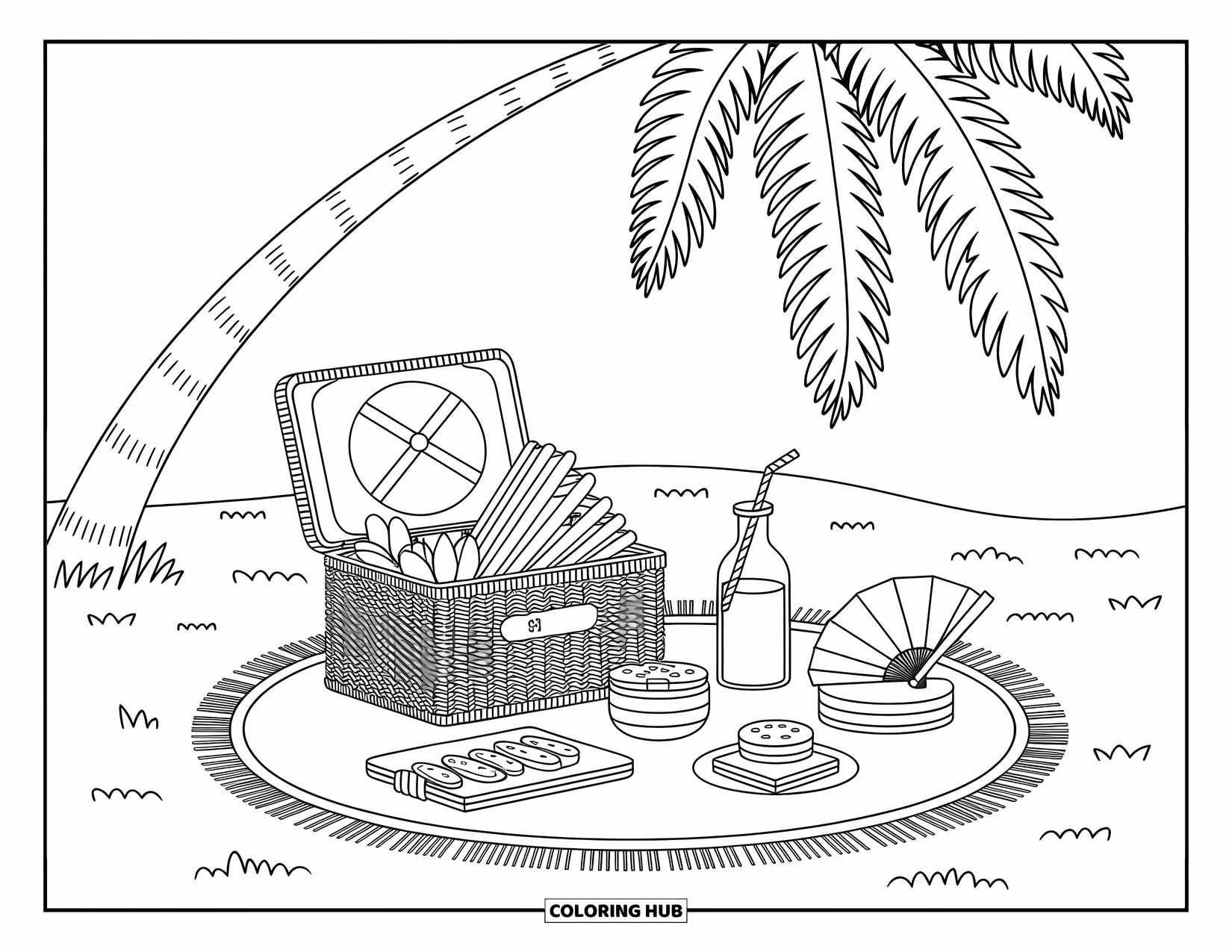 Beach Summer Coloring Page for Adults: A cute picnic scene under a palm tree with a basket and sandwiches