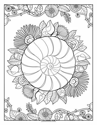 Coloriage de plages estivale pour adultes : Un coquillage détaillé entouré de mandalas de roses et de lierre