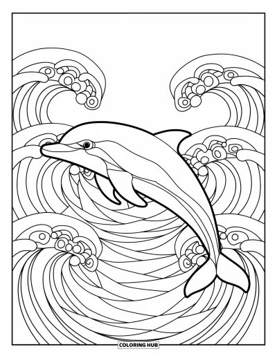 Coloriage de plages estivale pour adultes : Un dauphin s'élançant à travers des vagues aux motifs de vitrail