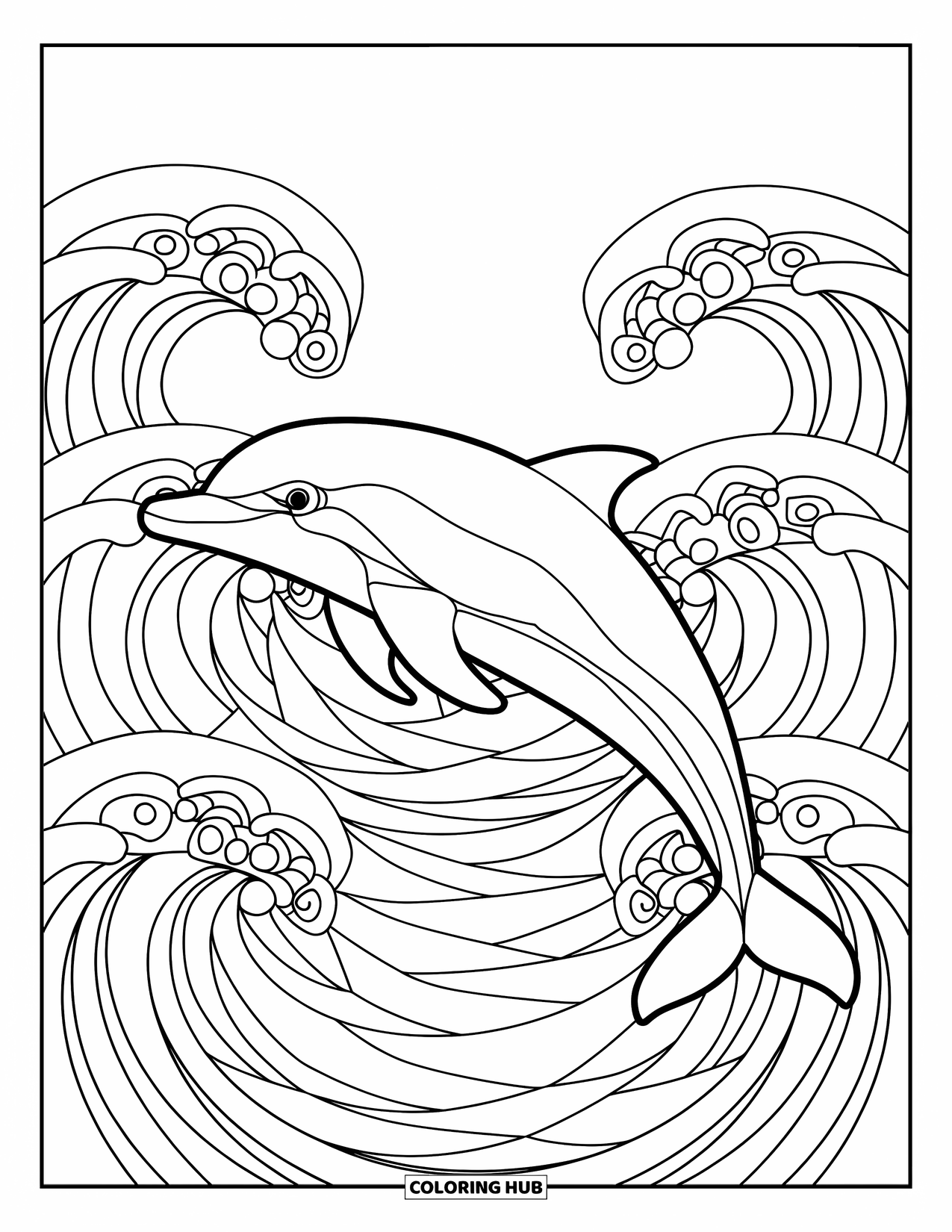 Beach Summer Coloring Page for Adults: A dolphin jumping through patterned stained-glass waves