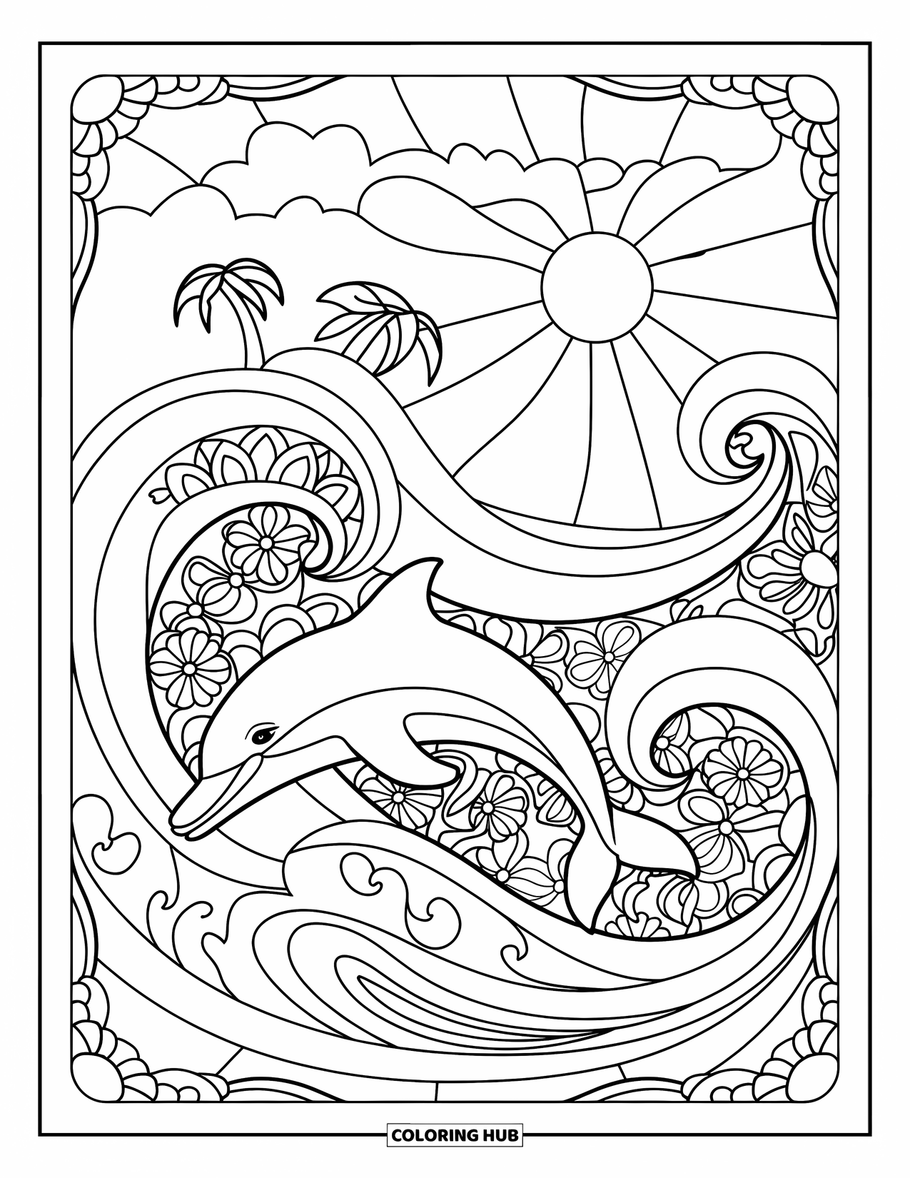 Beach Summer Coloring Page for Adults: A dolphin leaps through flowery waves under a sunny sky