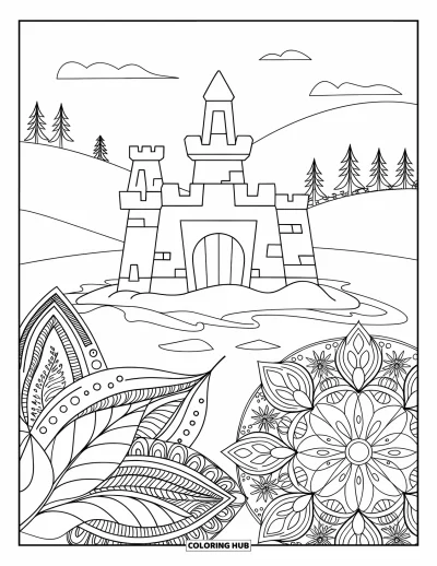 Coloriage de plages estivale pour adultes : Un château de sable onirique au milieu de mandalas floraux et de feuilles estivales