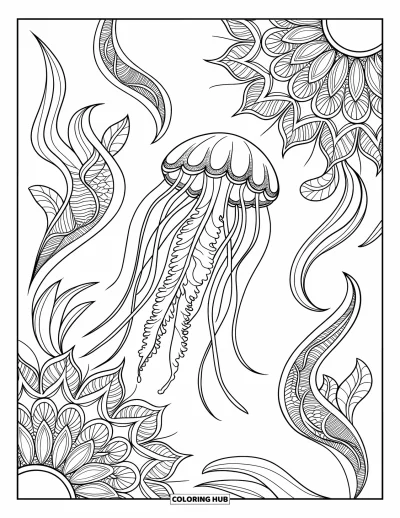 Coloriage de plages estivale pour adultes : Une méduse ondulante dérivant à travers des lignes de mandala floral et des algues