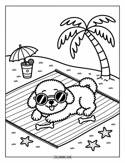 Coloriage de plages estivale pour adultes : Un chien duveteux se relaxant sur une serviette avec des lunettes de soleil et un jouet à mâcher