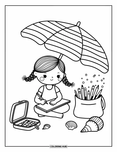 Coloriage de plages estivale pour adultes : Une fillette qui dessine joyeusement sous son parasol à côté de son sac et de ses coquillages