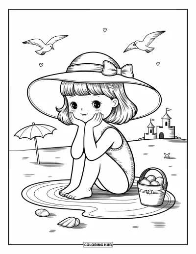 Coloriage de plages estivale pour adultes : Une fillette assise dans le sable avec son seau tandis que les vagues lui chatouillent les pieds