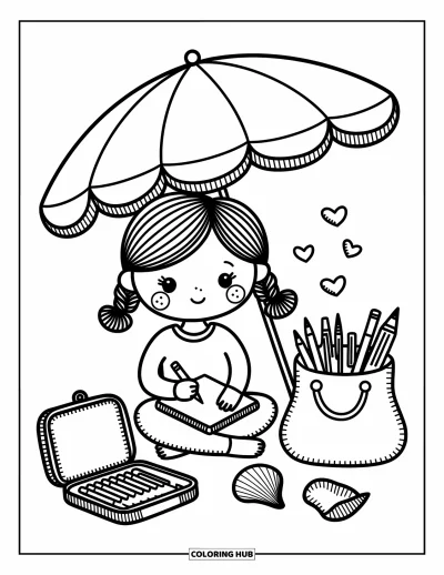 Coloriage de plages estivale pour adultes : Une fillette qui dessine sous un parasol rayé avec des coquillages et du matériel artistique