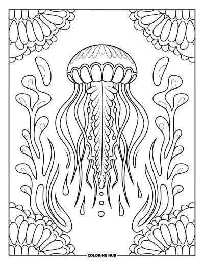Coloriage de plages estivale pour adultes : Une méduse flottant à travers des vagues en mandala et des algues sinueuses