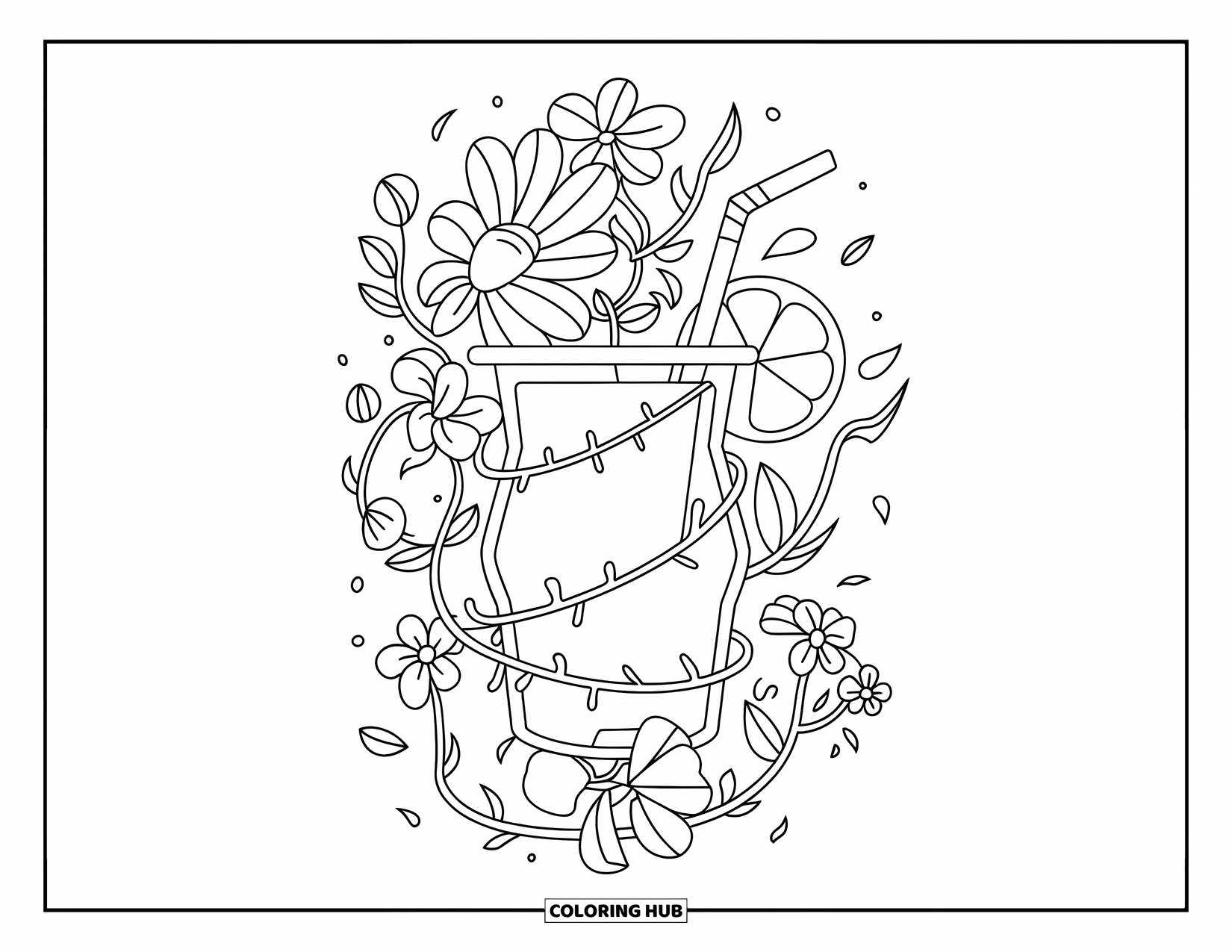 Beach Summer Coloring Page for Adults: A lemony drink tucked in flower-filled vines with a curly straw