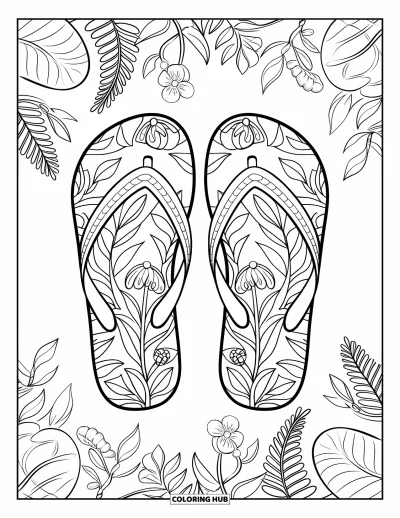 Coloriage de plages estivale pour adultes : Une paire de tongs entourée de motifs estivaux fruités et feuillagés