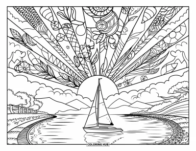 Coloriage de plages estivale pour adultes : Un voilier ancré près d'un coucher de soleil avec des rayons botaniques en vitrail