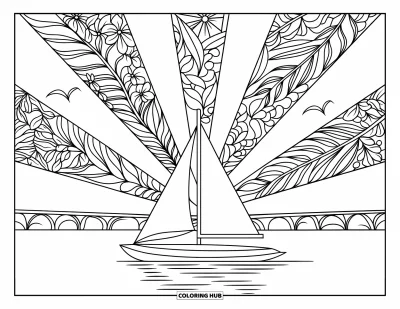 Coloriage de plages estivale pour adultes : Un voilier sous un ciel aux motifs floraux en vitrail
