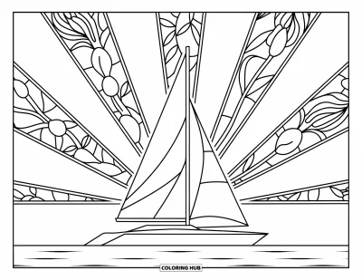 Coloriage de plages estivale pour adultes : Un voilier glissant sous un ciel orné de motifs de vitraux feuillagés et lumineux