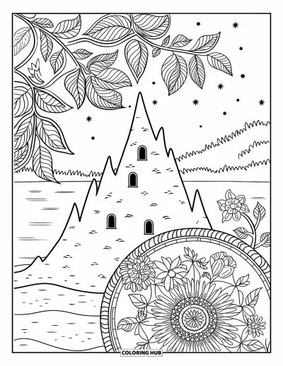 Coloriage de plages estivale pour adultes : Un château de sable entouré de lianes feuillagées et de fleurs en mandalas
