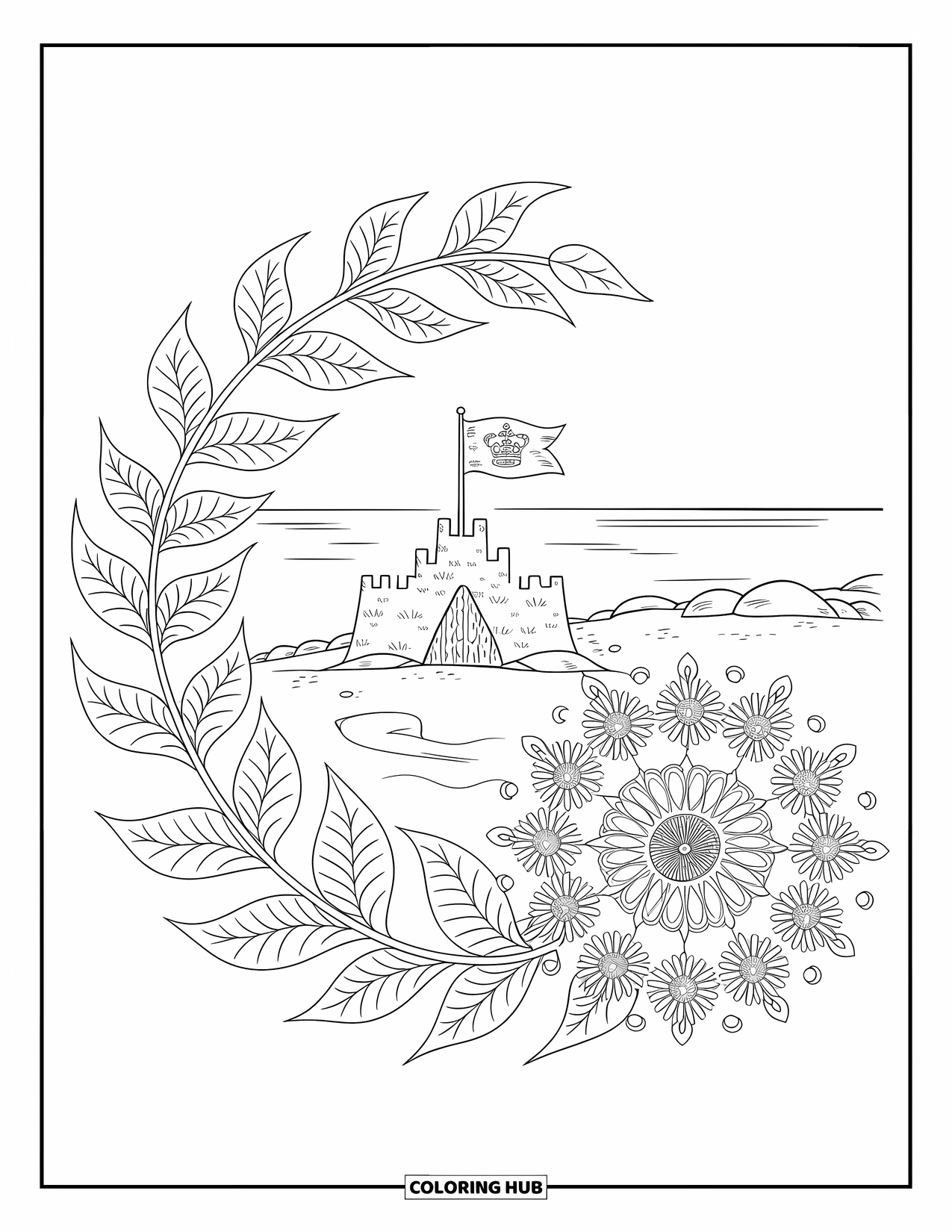 Beach Summer Coloring Page for Adults: A sandcastle with royal flags and swirling floral mandalas