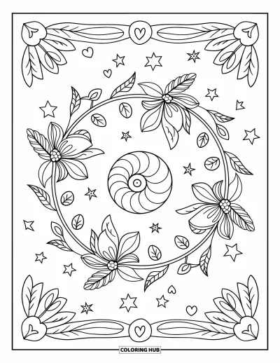 Coloriage de plages estivale pour adultes : Un coquillage en spirale au cœur d'un mandala floral feuillagé
