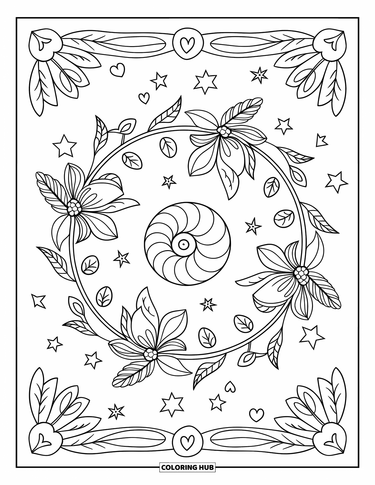 Beach Summer Coloring Page for Adults: A spiral seashell in the center of a leafy floral mandala