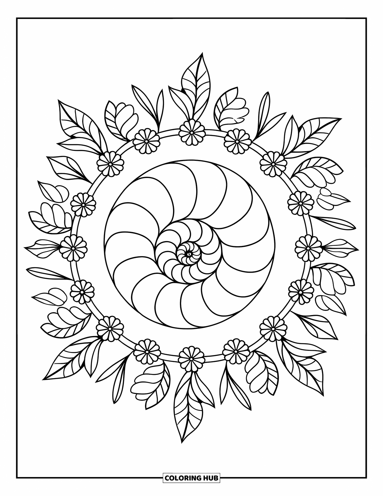 Beach Summer Coloring Page for Adults: A spiral shell framed with summery flowers and leafy vines