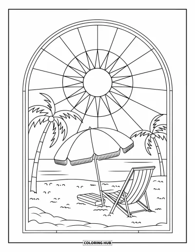 Coloriage de plages estivale pour adultes : Un parasol rayé et une chaise sous un soleil d'été chaleureux