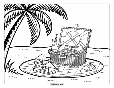 Coloriage de plages estivale pour adultes : Un pique-nique ensoleillé sous un palmier avec un panier plein de sandwichs et de fruits