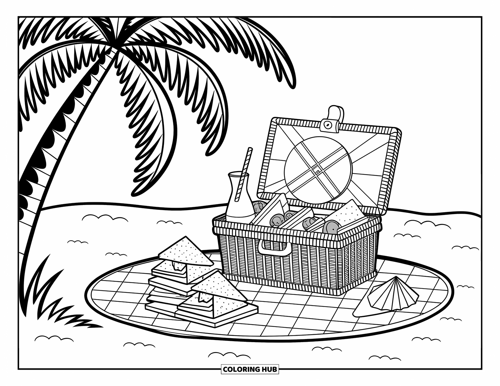 Beach Summer Coloring Page for Adults: A sunny picnic under a palm tree with a basket full of sandwiches and fruit
