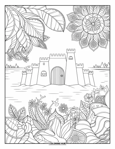 Coloriage de plages estivale pour adultes : Un château de sable à tours avec des fleurs, des oiseaux et des motifs feuillagés