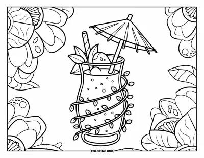 Coloriage de plages estivale pour adultes : Une boisson tropicale avec un mini parasol en papier nichée dans des lianes fleuries