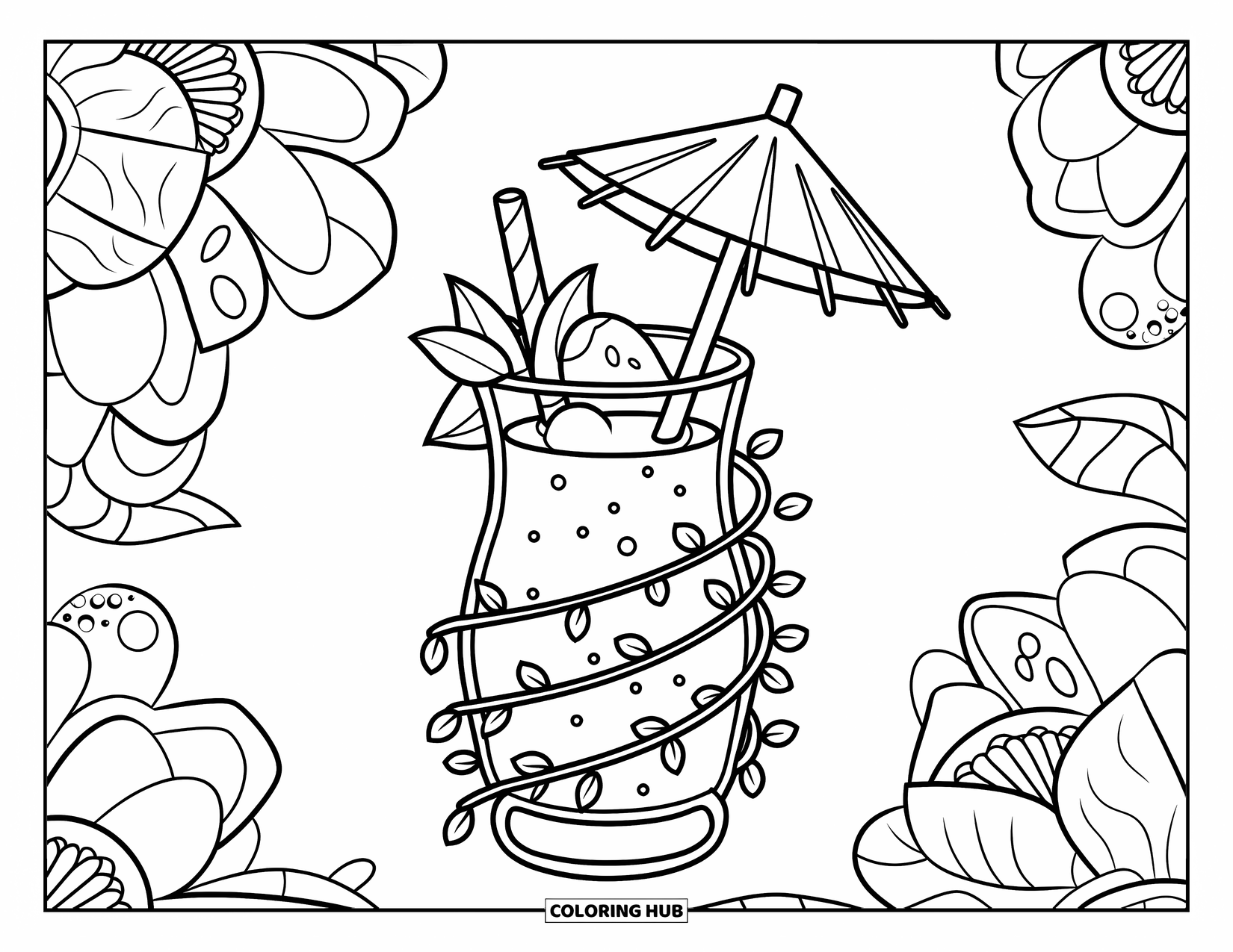 Beach Summer Coloring Page for Adults: A tropical drink with a paper umbrella nestled in floral vines