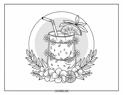Coloriage de plages estivale pour adultes : Une boisson tropicale enroulée dans des lianes fleuries avec une garniture fruitée sur la paille